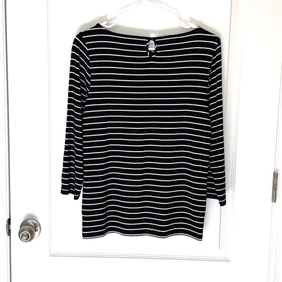 Talbots Wms Med Black White Striped Crossover Stretch Knit Pullover Top Casual - Picture 2 of 8
